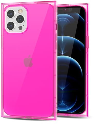Svanove for iPhone 12 Pro Max Clear Case Square Rectangle Edge, Transparent Aesthetic Trendy Girly Neon Bright Silicone Rubber Phone Case for Women, Thin Slim TPU Bumper Protective Cover, Hot Pink
