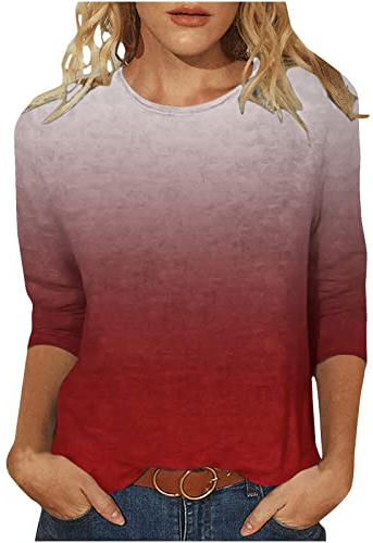 3/4 Ärmel Pullover Damen Farbverlauf Langarmshirt Lässig O-Ausschnitt Bluse Locker Longsleeve Oberteile Baumwolle Basic Top Dünne Übergangs Tshirt Klassisch Langarm Sportshirt Streetwear