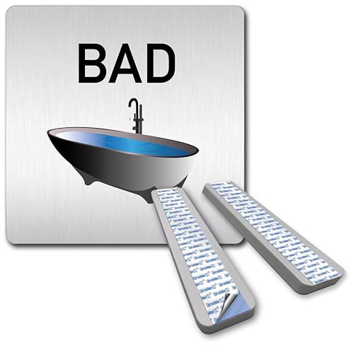 Türschilder24 XXL Schild - Türschild • 125 x 125 mm • Bad - Badezimmer • 1,5 mm Aluminium Vollmaterial • 100% Made in Germany (Bad Blau + Abstandshalter)