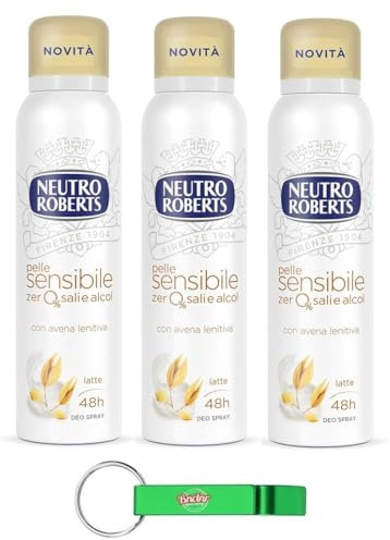 3x Neutro Roberts Deodorante Spray Avena,Deospray für Empfindliche Haut mit Hafer und Milch,Wirksam 48 Stunden Ohne Salze und Alkohol - 150ml + Beni Culinari Kostenloser Schlüsselanhänger