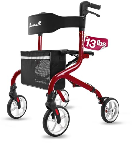 PLANET WALK Super Lightweight Rollator Walker for Seniors, Foldable Rolling Walker with Seat and 8 Rubber Wheels for All Terrain, Unique Design Aluminium Frame Sturdy Walkers for Traveling - Red