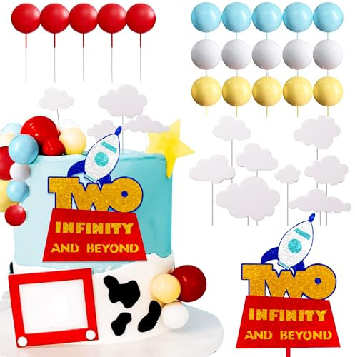 LaVenty Two Infinity and Beyond Cake Topper Birthday Decorations Yellow Red Blue Balls Cake Decoration 2nd Birthday Cake Topper for Boy 2 Party