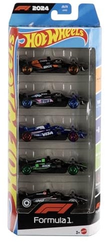 Hot Wheels Spielzeugautos Formel 1 im 5er-Pack, Set aus 5 Die-Cast-Fahrzeugen im Maßstab 1:64 mit F1 Racing Team-Dekorationen, Rennautos zum Sammeln, JGF58