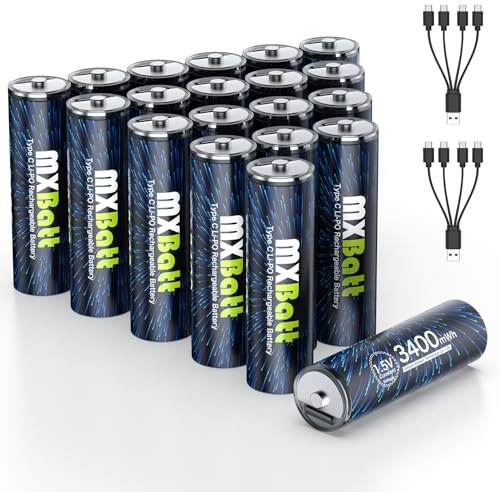 MXBatt AA Akku Lithium, Wiederaufladbare Batterien AA USB C 1,5V 3400mWh Hoher Kapazität, Wiederaufladbare Akku Lithium 20 Stück mit USB C Port Kabel 1500 Zyklen