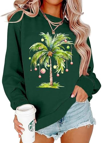 LLHXRUI Felpa da donna con palma di Natale, divertente, hawaiana, spiaggia, tropicale, maglione natalizio a maniche lunghe, Verde-1., Large