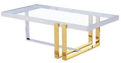 Romimex Mesa de Centro Dorado Plateado Acero Inoxidable Vidrio Templado 120 x 40 x 60 cm