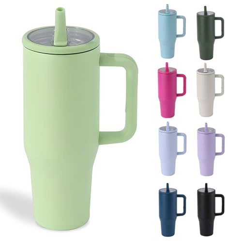 Moollyfox Vaso aislante de 1200 ml/40 oz, a prueba de fugas, de acero inoxidable, doble pared, con pajita, taza de café, taza de refrigeración, taza de viaje con asa y tapa a prueba de fugas, verde