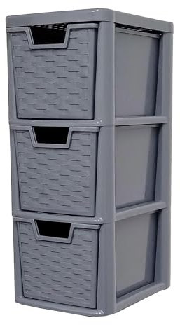 SIDSONS 3 Drawer Small Storage Unit Tower Rattan Effect Grey for Home, Office, Garage, and Study Room Bedroom Bathroom Kitchen | Compact & Convenient Organizer for Small Items (H) 48cm (D)25cm (W)19cm