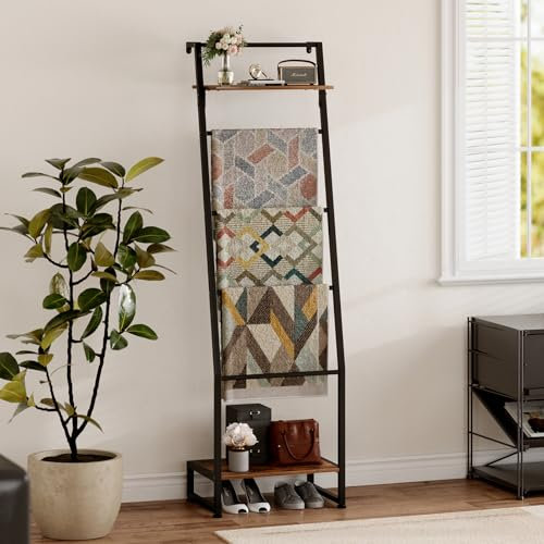 Nuoex 6-Tier Blanket Ladder with Shelf, Wall-Leaning 59 inch Blanket Farmhouse Shelf Rack for Storage and Home Decor, Freestanding Rack for Bathroom, Rustic Brown and Black