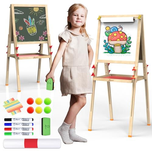 Joyooss Kunststaffelei für Kinder, verstellbares stehendes Holz-Zeichenbrett für Kleinkinder, doppelseitig, trocken abwischbar, mit Malzubehör, Geschenk und Kunstbedarf für Kleinkinder 4-8(RED)