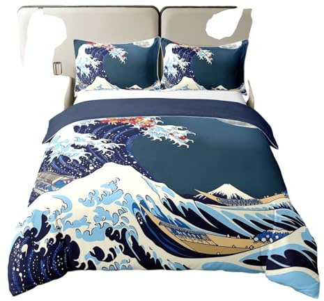 Bettbezug im japanischen Stil, 100 % Baumwolle, für Einzelbett, für Jungen und Mädchen, die große Welle, traditionelles Mond-Bettwäsche-Set, Vintage-Ahorn-Bettbezug mit 1 Kissenbezug, atmungsaktiv