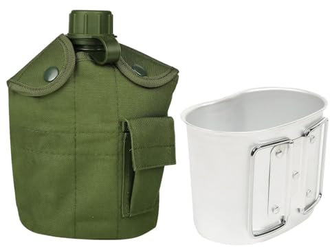 MiOYOOW Ensemble de Gourdes Militaire, 1 L Bouilloire Militaire Portable, Cantine Camping en Aluminium avec Housse en Nylon pour Survie en Plein Air, Randonnée, Camping
