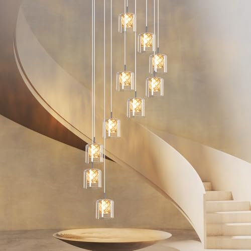 CBJKTX Pendelleuchte Treppenhaus Pendellampe Modern - 230CM Höheverstellbar Hängeleuchte 10 Flammig aus Glas Lampe G9 Kristall Esszimmerlampe für Wohzimmer Esszimmer Küche Esstisch (ohne Leuchtmittel)