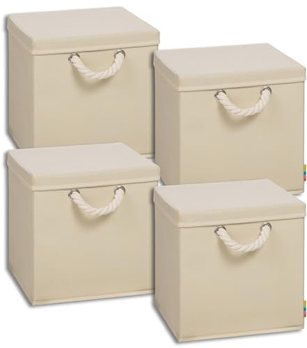 Storanda | 4er Set Aufbewahrungsbox mit Deckel | Kordel Griffband | Stabile & Faltbare Boxen | Regalboxen für Würfelregal Kallax | Ideal für Zuhause & Kinderzimmer | 31x31x30 cm | Natur