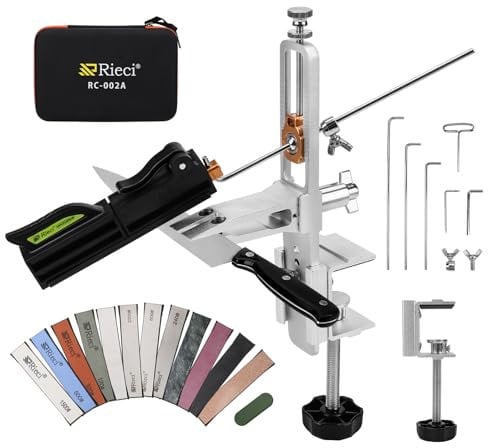 Affilacoltelli Professionale con Disegno a Morsetto Rapido, Sistema di Affilatura Coltello ad Angolo Fisso con Sistema di Tenuta Abrasivo per Lucidatura, 11 Pietre Diamantate