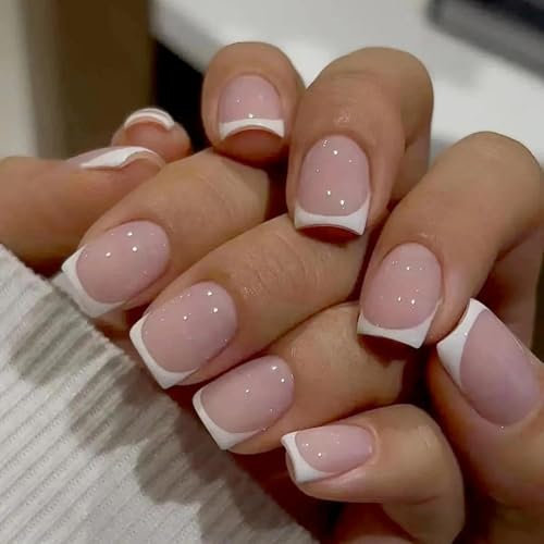 French Tip Press on Nails 24Pcs - Nude & White Square Fake Nails with Full Cover Design | Reusable Artificial Nails for Women & Girls - Wedding, Bridal, Party Nail Art Essentials