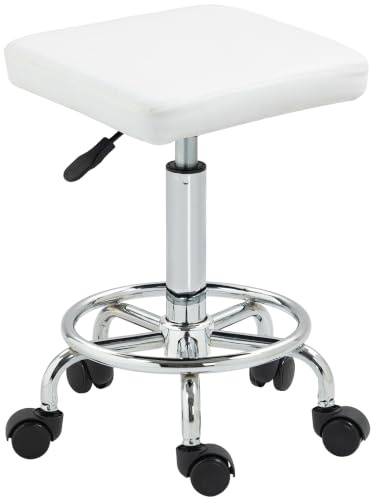 HOMCOM Tabouret pivotant avec roulettes Hauteur réglable 50-66 cm Siège rembourré en cuir synthétique Repose-pieds pour salons et ateliers Blanc