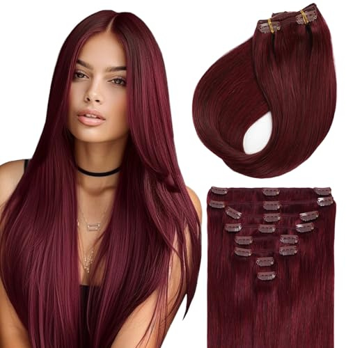Sunya Clip in Hair Extensions Real Human Hair Burgundy 14 Inch 7 Pcs 70g | Remy Human Hair, Blends Well, Double Weft, Invisible Clips, Reusable Added Length & Volume
