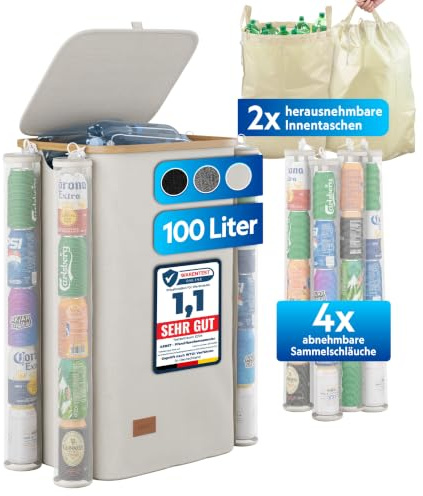AERST Pfandflaschen Sammelbehälter 100L, 4 Dosensammler & 2 Tragetaschen | Leergut Sammler, Flaschensammler, Pfandsammler PET-Flaschen, Dosen, Altglas, Gadget, Organizer, Zugschnur, faltbar