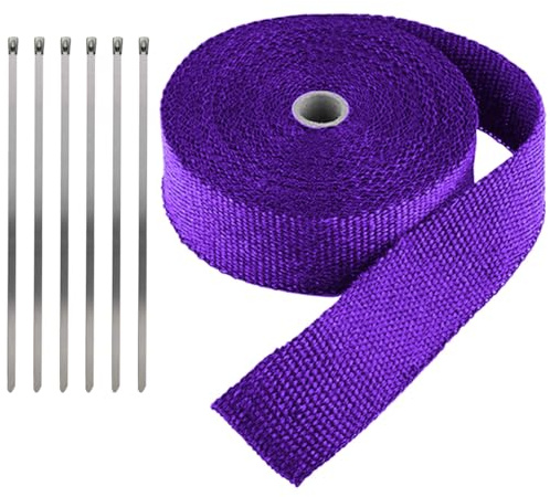 LKRXW Hitzeschutzband Auspuffband Glasfaser Auspuff Isolierband Hitzeschutz | Motorrad Auspuffkrümmer Band Hitzeschild Thermoband Krümmerband Wickelband Lila 5CM x 10M mit 6 Kabelbinder