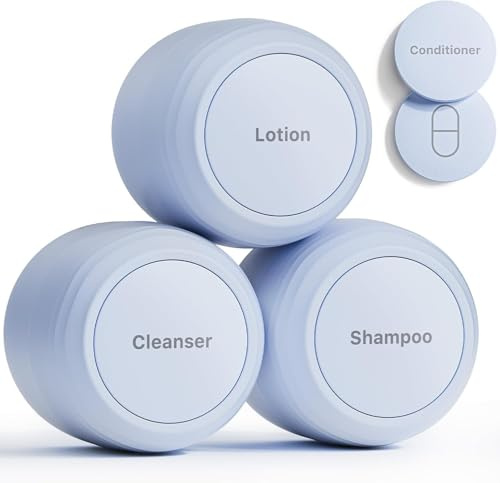 Trimcoo New Travel Toiletry Containers [Ultra Leakproof] TSA-Approved, PLA Hard Shell Jars with 5 Magnetic Labels, Wide Mouth Bottles for Lotion, Cleanser, Shampoo, Conditioner, Blue, 3 Pack, 30ML