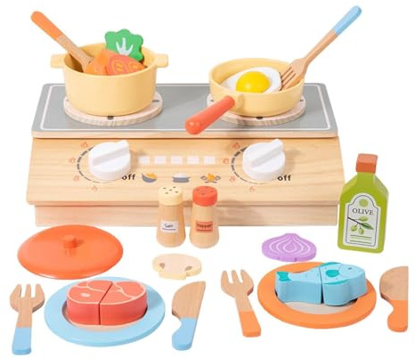 Luwecf Pretend Play Küche Set Kinder Holz Spielset Mini Herd Wiederverwendbare Kochgeschirr