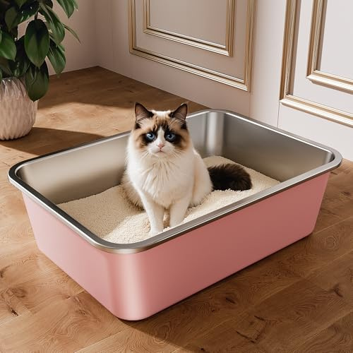 Edelstahl Katzenklo, Große Katzentoilette, XXL Katzentoilette Edelstahl Offen, Metall Katzenklo für Katzen Aller Größen Kaninchen, Antihaftbeschichtet, Leicht zu Reinigen (Rosa, 50x35x15cm)