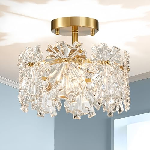 SHRINE LIGHTING Kristall-Kronleuchter Leuchte, Glas-Deckenleuchte für Wohnzimmer, D27 x H22cm, E27-Sockel 1-Lampen (Glühbirnen nicht im Lieferumfang enthalten), Gold-Finish