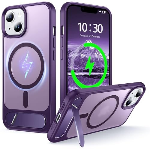 NJROW Magnetic Stand for iPhone 14 Plus/iPhone 15 Plus Case with MagSafe | [Stand & Wireless Charging 2in1] [Flush Kickstand][Military Shockproof] Slim Translucent Matte, Purple