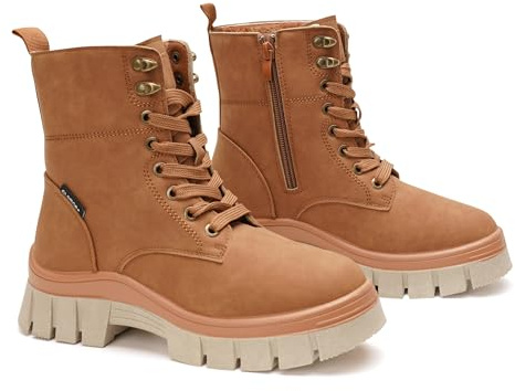 GLAMORA Botas de Invierno para Mujer, Botines Forrados, Plataforma, Estilo Militar, Resistentes al Agua, Suela de Goma Antideslizante, Cremallera Lateral y Cordones