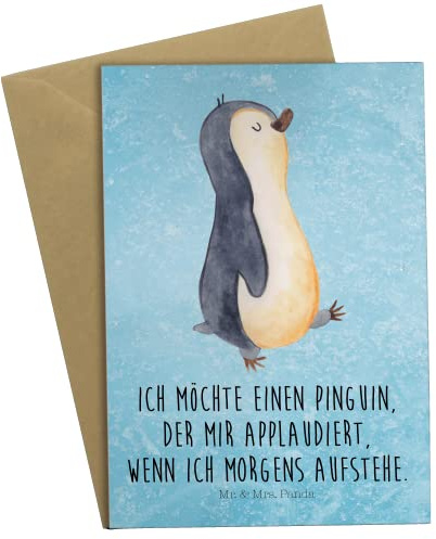 Mr. & Mrs. Panda Grußkarte Pinguin marschieren - Geschenk, unausgeschlafen, Freundin, Pinguine, spazieren, Applaus, Geschenkideen, Hochzeit, Familie, Frau, Einladungskarte, Oma, aufstehen, Schwester