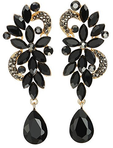 Art Deco Schwarz Strass Kristall Cluster Chandelier Kronleuchter Blumen Träne Lange Baumelnde Statement Ohrringe