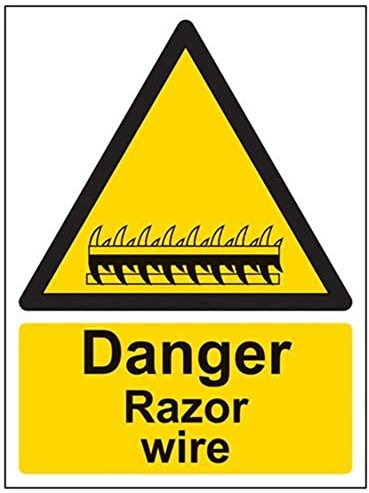 V Safety Danger Razor Wire Warning Sign - 150mm x 200mm - 2mm Rigid Plastic