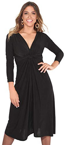 2705-BLK-10: 3/4 Arm Knoten Ausschnitt Midi Kleid (Schwarz, Gr.38 EU/Herstellergröße-10)