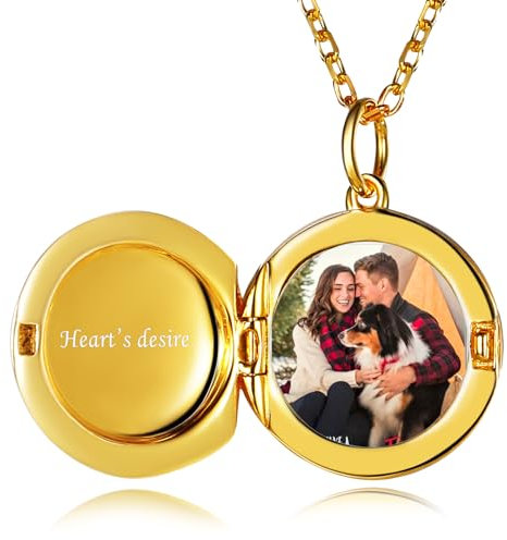 Custom4U Individuelle Foto Medaillon zum Öffnen Bilder Amulett Anhänger Halskette S925 Silber Aufklappbar Medaillon mit Fotogravur mit Wunsch-Motiven in Gold mit 41cm Kette für Damen Frauen