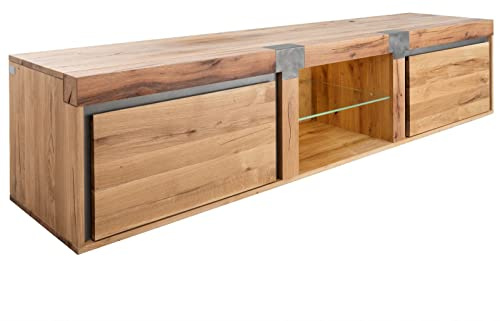 MASSIVMOEBEL24.DE | New Amsterdam massives TV-Board - Natur, geölt aus Wildeiche & Zerreiche 48x220x50cm 2 Schubladen und Glasboden Lowboard
