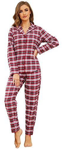 Mnemo Home Damen Schlafanzug Winter Frühling Pyjama Set Dunkelgrau/Rot Schlafoverall 100% Baumwolle aus Flanell,Rot,XL