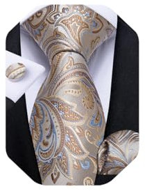 DiBanGu Herren-Krawatten-Set, Seide, einfarbig, Paisleymuster, Krawatte und Einstecktuch, Manschettenknöpfe, klassisch, formelle Krawatten für Herren, Hochzeit, Party, Beige 7290, Medium