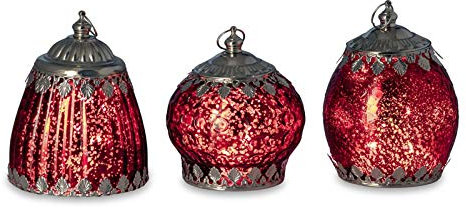 Deko Glaslaternen Set 3-teilig rot - LED Laternen aus Glas & Metall 13,5-15 cm mit Lichterkette, An/Aus-Schalter & Aufhänge-Ring - Festliche Tischdeko & Geschenkidee