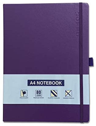 A4 Notizbuch, gebunden, liniert, Notizblock, liniert, Tagebuch, mit Stifthalter, Premium-Qualität, gebundenes Buch (lila)