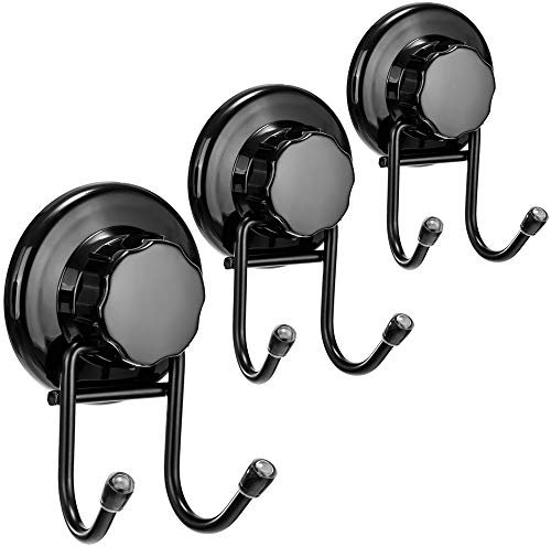 SANNO Double Hooks Suction Cups Hook for Flat Smooth Wall Surface Towel Robe Bathroom Kitchen Shower Bath Coat,NeverRust Stainless Steel Black (3 Pack)
