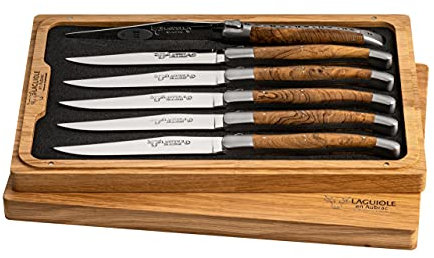 Laguiole En Aubrac Steakmesser Set mit 6 Stück, Griff aus Teakholzwurzel, Original mit Zertifikat