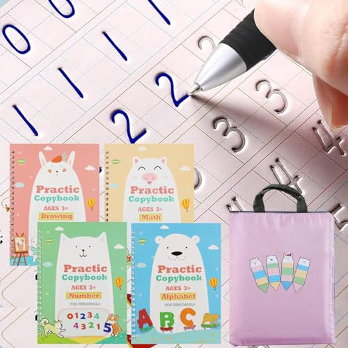 Verbessertes großes magisches Übungs-Copybook für Kinder, wiederverwendbares Schreib-Übungsbuch für Kinder, wiederverwendbares Copybook, Kalligraphie (4 Bücher mit Stiften), rosa Tasche