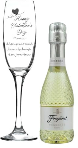 Personalised Engraved Fusion Flute Glass & Mini Bottle of Freixenet Prosecco in Silk Lined Gift Box - Valentine's Day Design