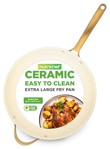 Nutrichef 14-Inch Professional Ceramic Frying Pan - Extra-Large Skillet with Golden Titanium Handle, Non-Stick Ceramic Coating, Stain-Resistant, Easy to Clean, Ideal for Home Cooking