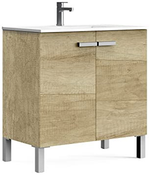 Baikal Neo-Badezimmer-Set, DREI Schubladen oder Zwei Türen, Möbel mit Füßen, ohne Spiegel, Verschiedene Ausführungen und Maße, Melamin, 16 mm, Möbelstück montiert.