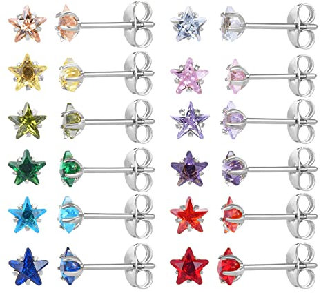 12 Paar chirurgische Edelstahl-Ohrstecker, 18K vergoldet Silber Stern Herz Teardrop Quadrat Cubic Zirkonia Birthstone Ohrstecker Set (Silver star 4mm)
