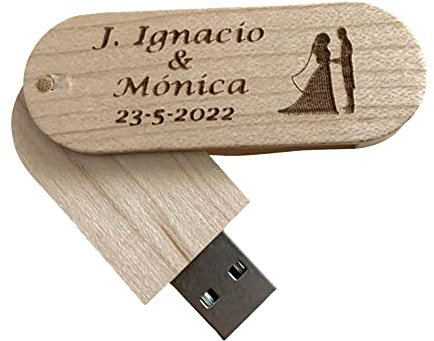 Regalo Grabado - Memoria Personalizada 32GB o 64 GB USB 3.0 | Madera Natural | Grabado de Texto o Logo Boda, Cumpleaños, Empresa | Unidades (1)