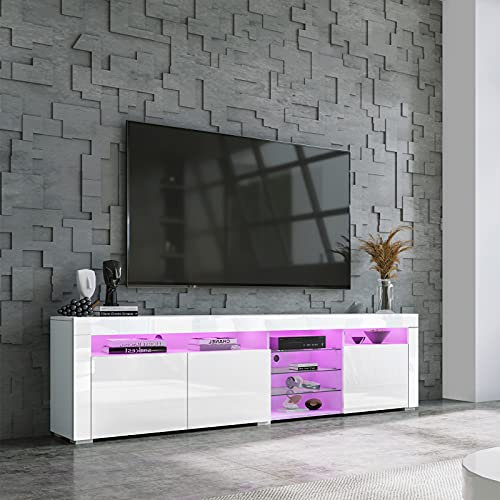 BESTWANTED TV-Ständer mit LED-Leuchten, moderner Hochglanz-TV-Schrank TV-Einheit 180 cm mit 3 Türen und offenen Glasregalen für Schlafzimmer, Wohnzimmer, Wohnmöbel (Weiß)
