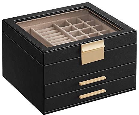 SONGMICS Schmuckkästchen, Schmuckkasten 3 Ebenen, Schmuckbox mit Glasdeckel, 2 Schubladen, Schmuckaufbewahrung, Stauraum, modern, Geschenkidee, 20,3 x 23,1 x 13,5 cm, graphitschwarz-golden JBC239B03